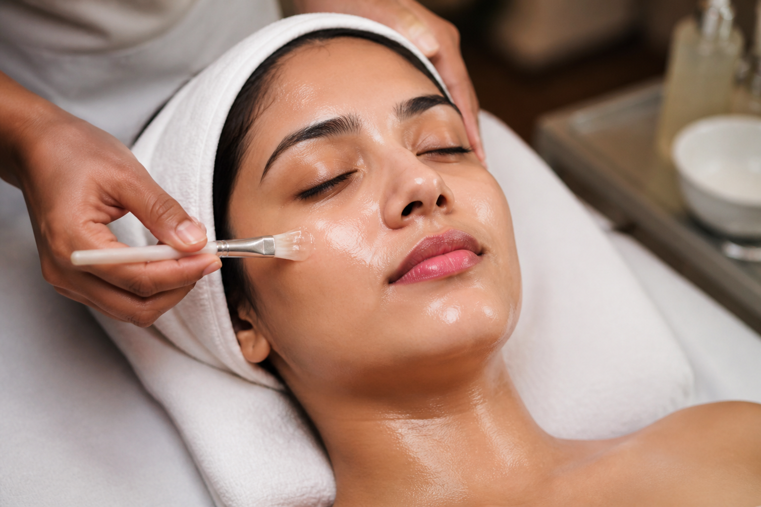 Indian woman receiving medi facial treatment at Wiora Wellness